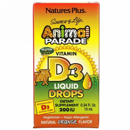Nature's Plus, Source of Life, アニマルパレード, ビタミンD3, 液状点滴薬, ナチュラルオレンジフレーバー, 200 IU, 0.34 液量オンス (10 ml)