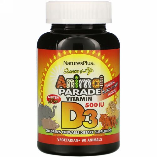 Nature's Plus, ネイチャースプラス, 生命の源、ビタミンD3、アニマル･パレード、天然ブラックチェリー味、500 IU、90アニマル