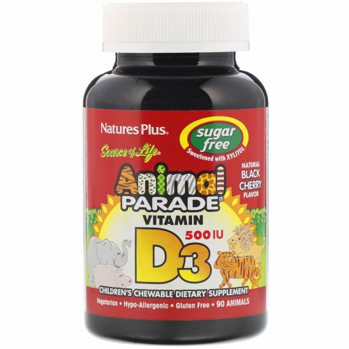 Nature's Plus, Source of Life, アニマルパレード, ビタミン D3, 無糖, 天然ブラックチェリー味, 500 IU, 90 個