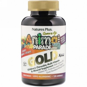 Nature's Plus, Source of Life（ソースオブライフ）、アニマルパレードゴールド、子ども用チュアブルマルチビタミン＆ミネラルサプリメント、天然アソートフレーバー、動物型タブレット120粒