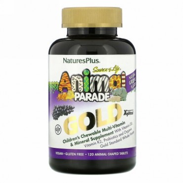 Nature's Plus, Source of Life（ソースオブライフ）、アニマルパレードゴールド、子ども用チュアブルマルチビタミン＆ミネラルサプリメント、天然グレープ味、動物型タブレット120粒