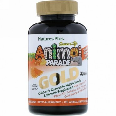 Nature's Plus, ソース・オブ・ライフ®, アニマルパレード® ゴールド, 子供用チュアブルマルチビタミン ＆ ミネラルサプリメント, ナチュラルオレンジフレーバー,  動物 120匹
