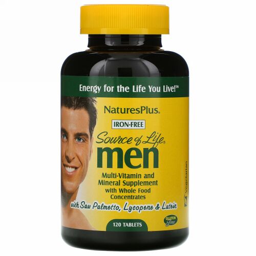 Nature's Plus, ソースオブライフ、男性用、濃縮自然食品マルチビタミンとミネラルサプリメント、鉄分無し、120錠