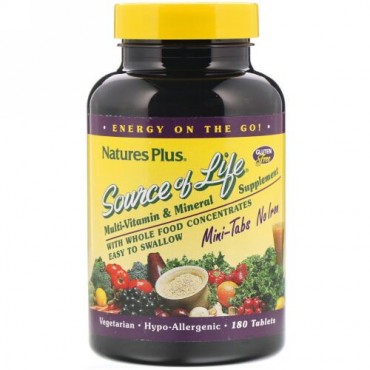 Nature's Plus, Source of Life,マルチ-ビタミン & ミネラル サプリメント, 鉄不含有, 180タブレット