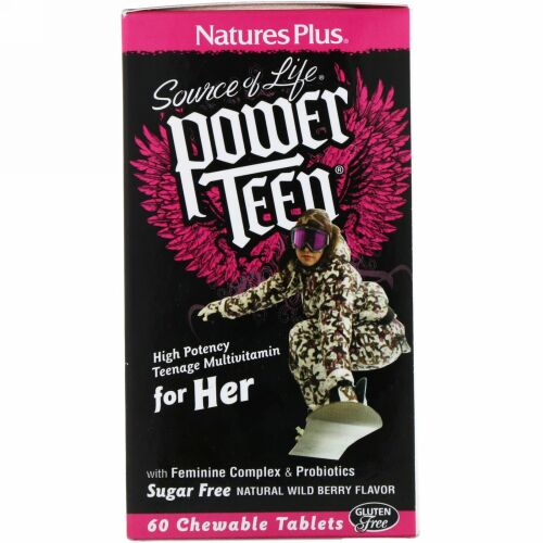 Nature's Plus, ソース・オブ・ライフ（生命の源）、パワーティーン、女の子用、無糖、天然ワイルドベリー風味、チュアブル錠60錠