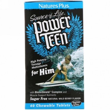 Nature's Plus, ソースオブライフ、 パワーティーン、 彼用、 シュガーフリー、 天然ワイルドベリーフレーバー、 60チュワブル錠