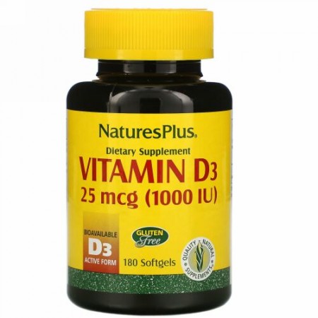 Nature's Plus, ビタミンD3、25mcg（1,000IU）、ソフトジェル180粒