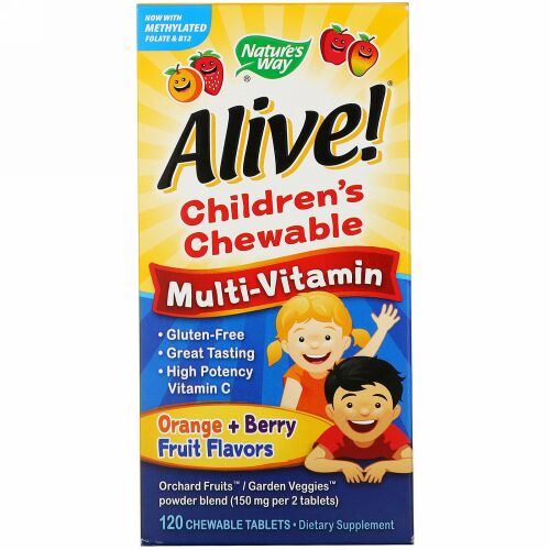 Nature's Way, Alive! （アライブ！）子供用チュアブルマルチビタミン、オレンジ + ベリーフルーツフレーバー、120チュアブル粒