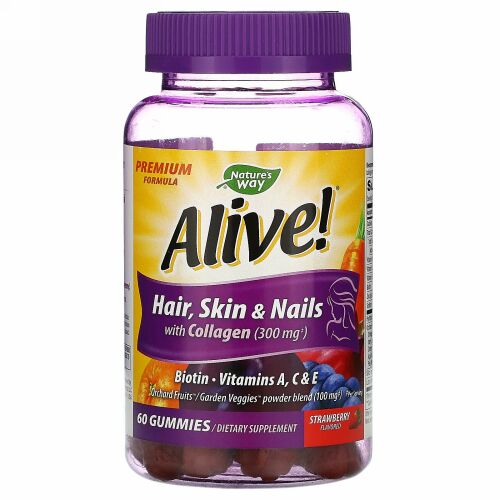 Nature's Way, Alive! （アライブ！）髪、肌、爪、コラーゲン配合、イチゴ味、グミ60粒