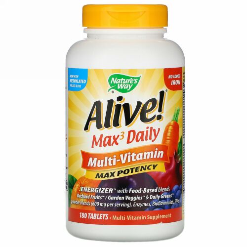 Nature's Way, Alive!（アライブ！）マックス3デイリー、マルチビタミン、鉄無添加、180粒