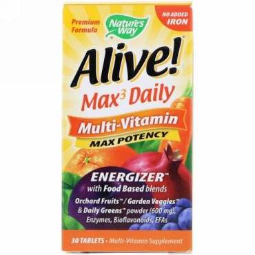Nature's Way,  Alive! （アライブ！）マックス3デイリー、マルチビタミン、鉄無添加、30錠