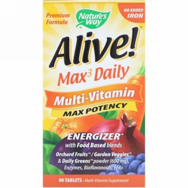 Nature's Way, Alive! （アライブ！）マックス3デイリー、マルチビタミン、鉄分非配合、90粒