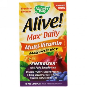 Nature's Way, Alive! （アライブ！）Max6 Daily、マルチビタミン、鉄分なし、植物性カプセル 90粒
