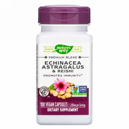 Nature's Way, エキナセアキバナオウギ＆霊芝、1,200mg、ビーガンカプセル100粒