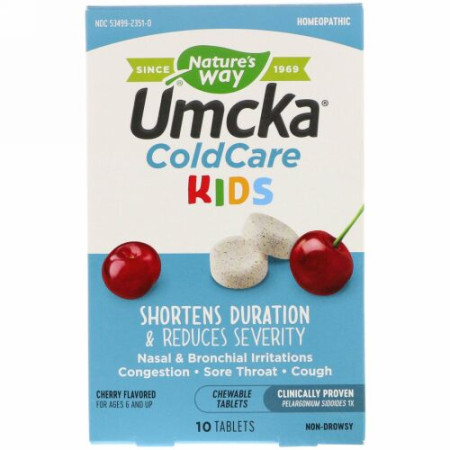 Nature's Way, Umcka, ColdCare Kids,  For Ages 6 and Up, Cherry Flavored, 10 Chewable Tablets