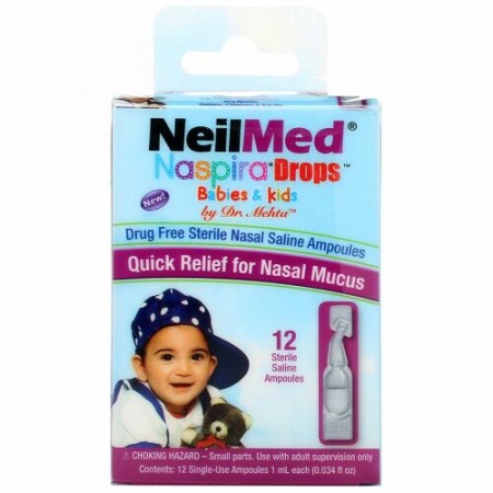 NeilMed, ナスピラドロップ, 乳児＆幼児用, 生理食塩水, 12アンプル, 各0.034液量オンス (1 ml)