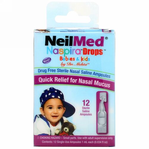 NeilMed, ナスピラドロップ, 乳児＆幼児用, 生理食塩水, 12アンプル, 各0.034液量オンス (1 ml)