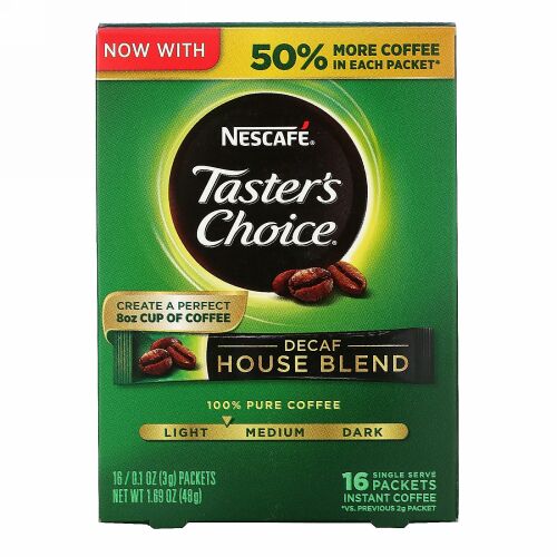 Nescafé, テイスターズチョイス、インスタントコーヒー、デカフェ・ハウスブレンド、1杯分16 袋入り、1袋あたり0.1 オンス (3 g)