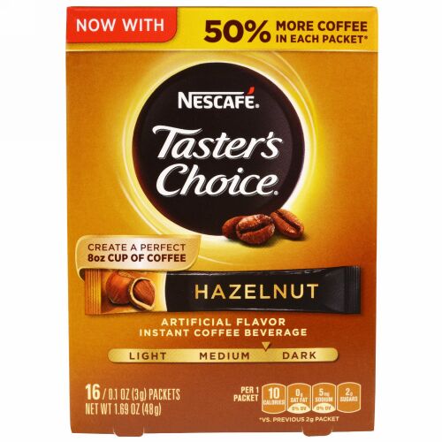 Nescafé, テイスターズチョイス、インスタントコーヒービバレッジ、ヘーゼルナッツ、16パケット、各0.1 oz (3g)