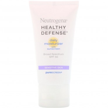 Neutrogena, ヘルシー ディフェンス、日焼け止め入りデイリーモイスチャライザー、広域スペクトルSPF 50、敏感肌用、1.7 fl oz (50 ml)
