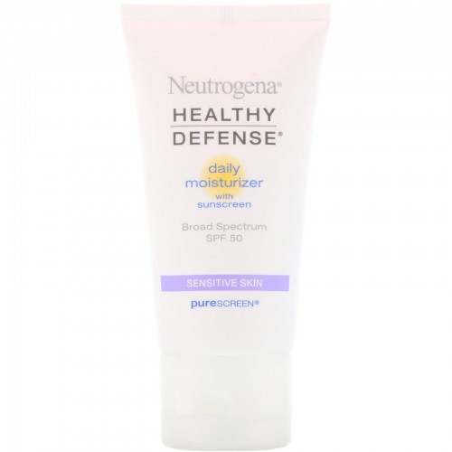 Neutrogena, ヘルシー ディフェンス、日焼け止め入りデイリーモイスチャライザー、広域スペクトルSPF 50、敏感肌用、1.7 fl oz (50 ml)