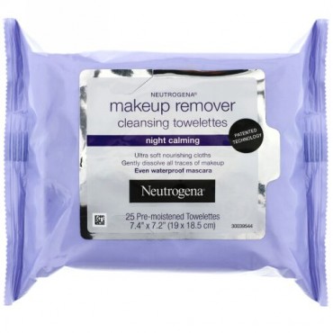 Neutrogena, メイクアップリムーバー、洗浄ウエットティッシュ、ナイトカーミング、ウエットティッシュ25枚 (Discontinued Item)