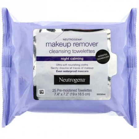 Neutrogena, メイクアップリムーバー、洗浄ウエットティッシュ、ナイトカーミング、ウエットティッシュ25枚 (Discontinued Item)