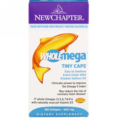 New Chapter, ホールメガ、エキストラバージン野生アラスカサーモン、ホールフィッシュオイル、小型カプセル、500mg、ソフトゲル180個 (Discontinued Item)