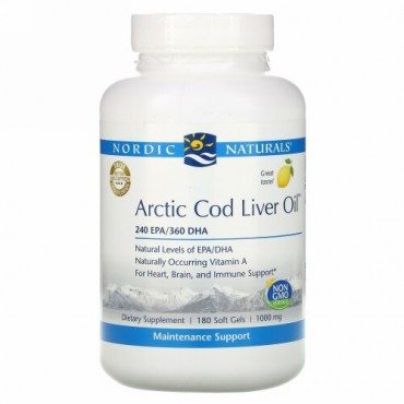 Nordic Naturals, 北極産タラ肝油、レモン、1,000mg、ソフトジェル180粒