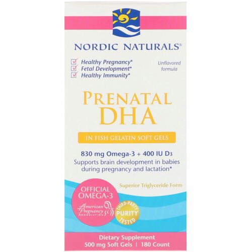 Nordic Naturals, 出生前DHA、フィッシュゼラチン、味付けなし、500mg、ソフトジェル180錠 (Discontinued Item)