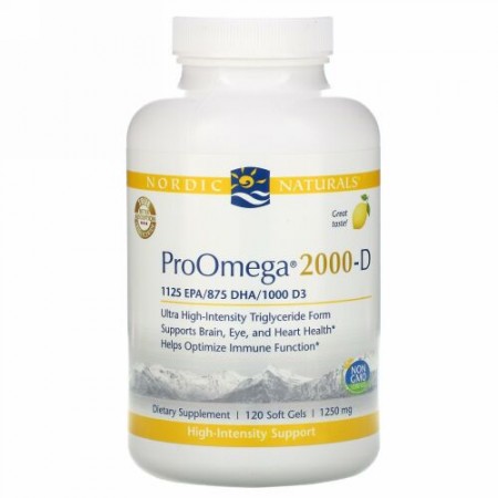Nordic Naturals, ProOmega 2000-D, Lemon , 1,250 mg, 120 Soft Gels