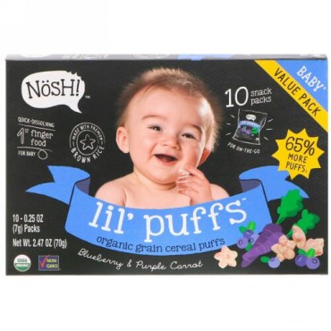 NosH!, Baby Lil 'Puffs、オーガニック穀物シリアルパフ、ブルーベリー＆パープルキャロット、10パック、各0.25 oz (7 g) (Discontinued Item)