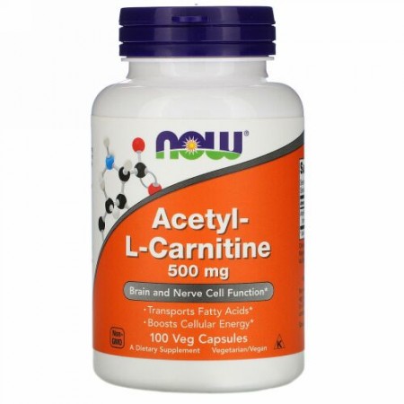 Now Foods, アセチル-Lカルニチン、500mg、ベジカプセル100粒