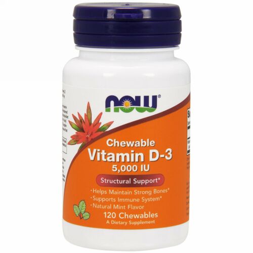 Now Foods, ビタミン D-3、ナチュラルミント味、5,000 IU、チュアブル 120 錠