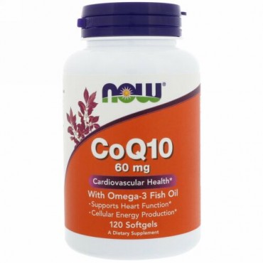 Now Foods, オメガ3フィッシュオイル入りコエンザイムQ10、60 mg、ソフトジェル120粒