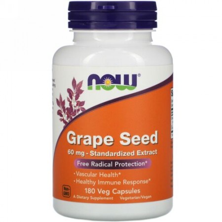 Now Foods, グレープシード、標準化エキス、60mg、植物性カプセル180個