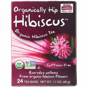 Now Foods, オーガニックリアルティー、オーガニックヒップハイビスカス、カフェインフリー、ティーバッグ24個、48 g（1.7 oz）