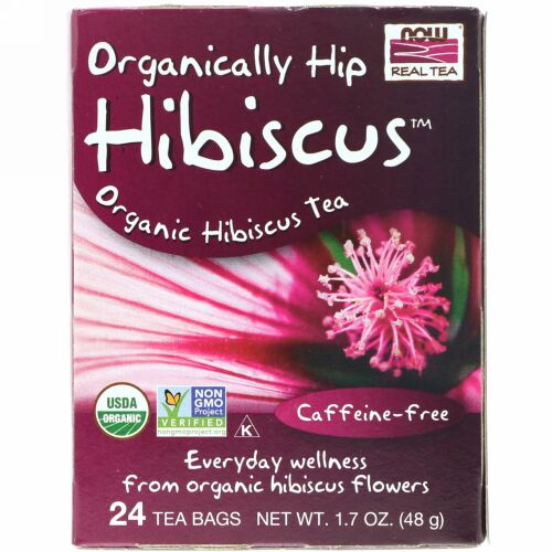 Now Foods, オーガニックリアルティー、オーガニックヒップハイビスカス、カフェインフリー、ティーバッグ24個、48 g（1.7 oz）