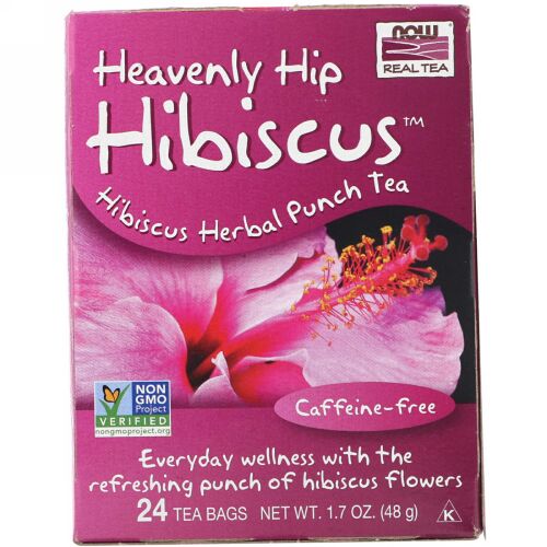 Now Foods, リアル・ティー, ヘブンリーヒップ・ハイビスカス, カフェイン無し, 24 ティーバッグ, 1.7 オンス (48 g)