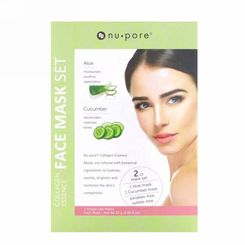 Nu-Pore, コラーゲンエッセンス・フェイスマスクセット、アロエとキュウ、使い捨てマスク2枚、各0.85oz（25g） (Discontinued Item)