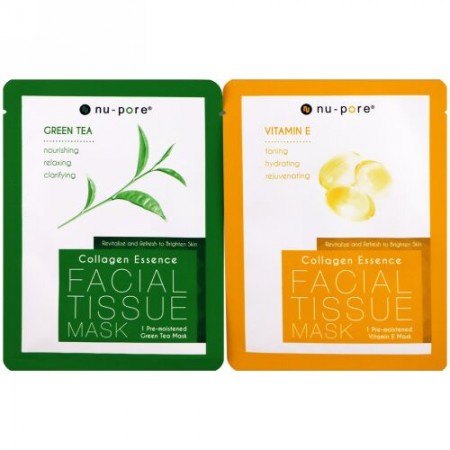 Nu-Pore, Collagen Essence Face Mask Set, Vitamin E & Green Tea, 2 Single-Use Mask, 0.85 fl oz (25 g) Each (Discontinued Item)