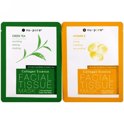 Nu-Pore, Collagen Essence Face Mask Set, Vitamin E & Green Tea, 2 Single-Use Mask, 0.85 fl oz (25 g) Each (Discontinued Item)