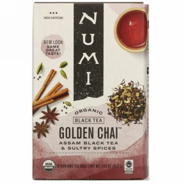 Numi Tea, Organic Black Tea, Golden Chai, 18 Tea Bags, 1.65 oz (46.8 g)