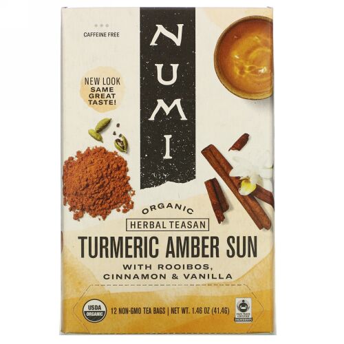 Numi Tea, Organic Herbal Teasan, Turmeric Amber Sun, Caffeine Free, 12 Tea Bags, 1.46 oz (41.4 g) (Discontinued Item)