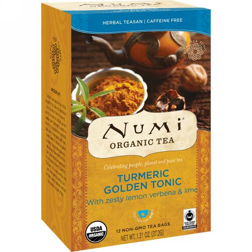 Numi Tea, Organic Tea, Herbal Teasan, Turmeric Golden Tonic, Caffeine Free, 12 Tea Bags, 1.31 oz (37.2 g) (Discontinued Item)