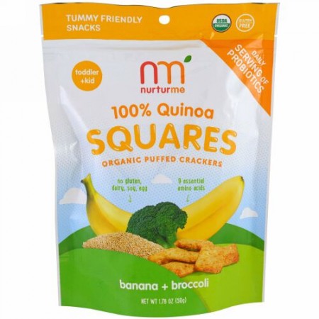 NurturMe, 100％キノアスクエア、オーガニック・パフクラッカー、バナナ+ブロッコリー、1.76 oz (50 g) (Discontinued Item)