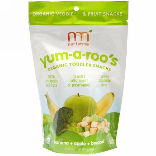 NurturMe, オーガニック トドラースナック, Yum-A-Roo's, バナナ + アップル + ブロッコリー, 1 オンス (28 g) (Discontinued Item)