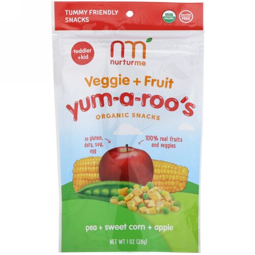 NurturMe, Yum-A-Roo's, Organic Veggie + Fruit Snacks, Pea, Sweet Corn, Apple, 1 oz (28 g) (Discontinued Item)