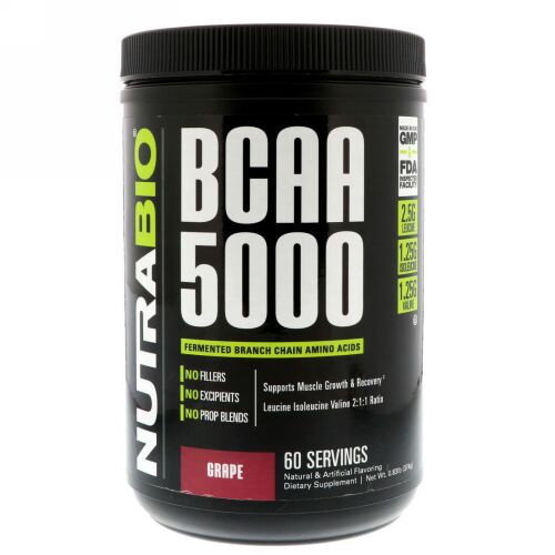 NutraBio Labs, BCAA 5000、グレープ、0.83 lb (374 g) (Discontinued Item)