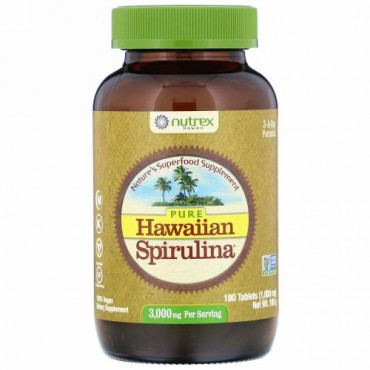 Nutrex Hawaii, ピュアHawaiian Spirulina（ハワイアンスピルリナ）、1回分あたり3,000mg、タブレット180粒